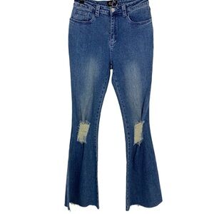 dELiA*s Juniors Flare Jeans Size Small 28x33 Boho Raw Hem High Rise Y2K Blue